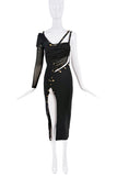 Versace Black Gold Cut Out Mesh Safety Pink Medusa Logo High Slit Dress