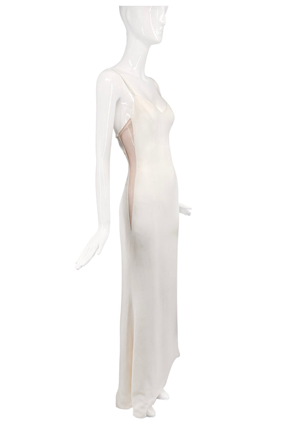 Valentino White Ivory Side Low Cut Out Nude Mesh Minimalism 90's Slip Dress Gown