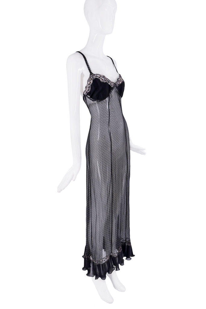 Moschino Black Sheer Lace Ruffle Polka Dot Boudoir Slip Dress Gown