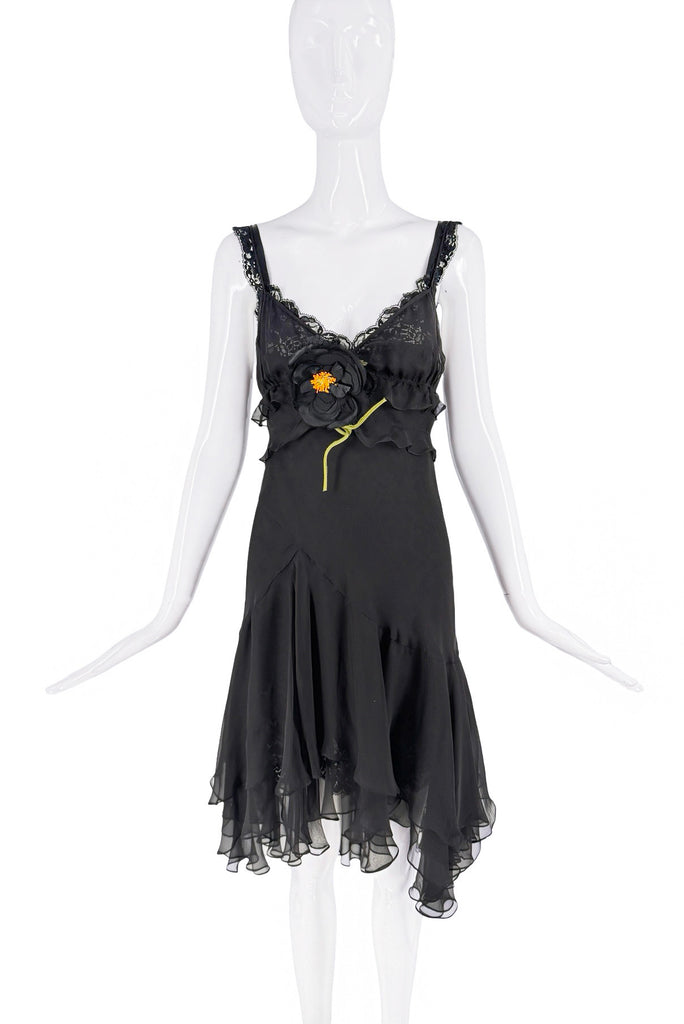 Dolce & Gabbana Black Orange Green Flower Lace Ruffle Bias Cut Dress