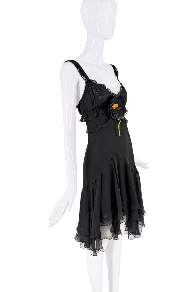 Dolce & Gabbana Black Orange Green Flower Lace Ruffle Bias Cut Dress