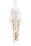 Vintage Creme Yellow Sheer Cut Out Ruffle Drape Mini Dress