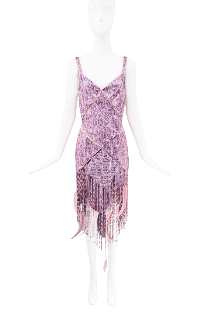 Roberto Cavalli Purple Beaded Feather Leopard Print Waterfall Fringe Dress