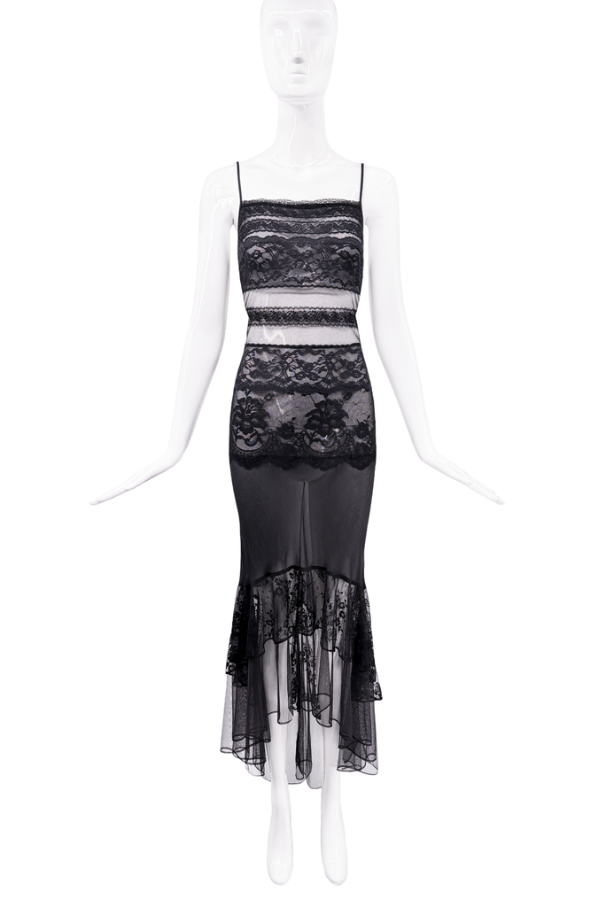Vintage Black Silk Lace Cut Out Sheer Bias Cut Galliano Style Mermaid Dress Gown