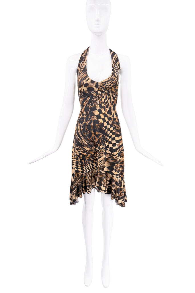 Roberto Cavalli Brown Black Checkered Leopard Print Halter Dress Runway FW2003