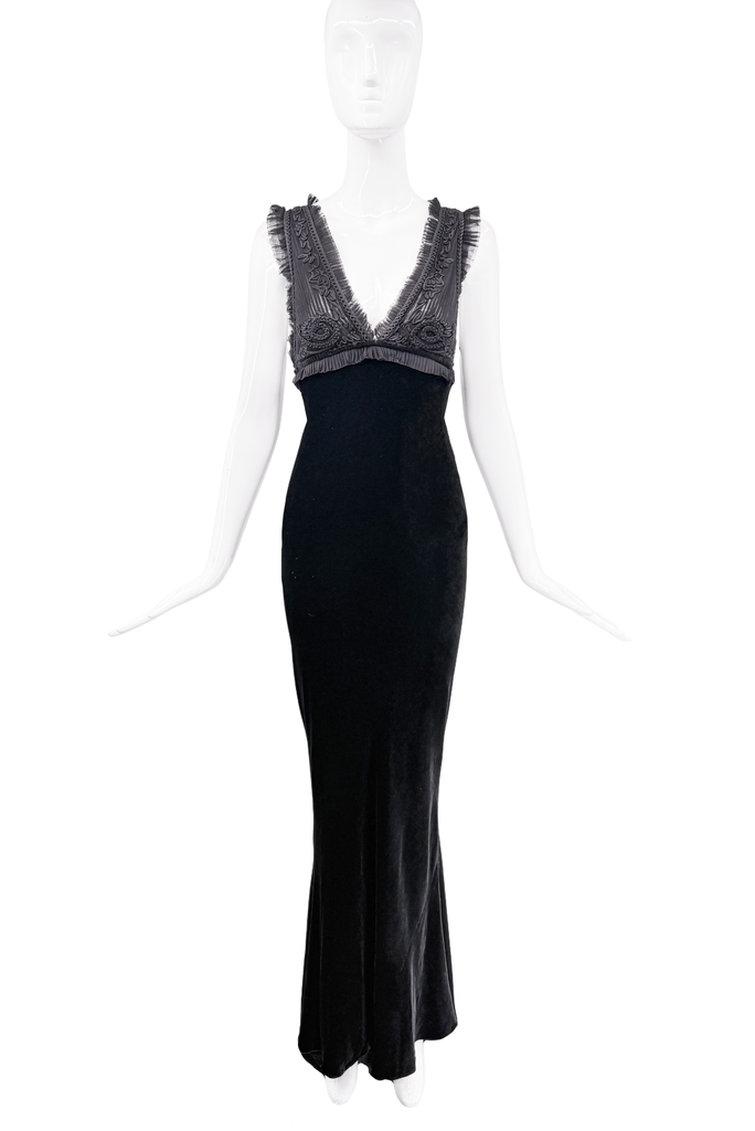 Jean Paul Gaultier Black Velvet Chiffon Embroidered Dress Gown
