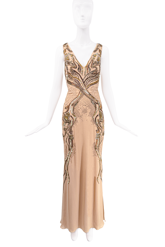 Roberto Cavalli Beige Beaded Embroidered Dress Gown