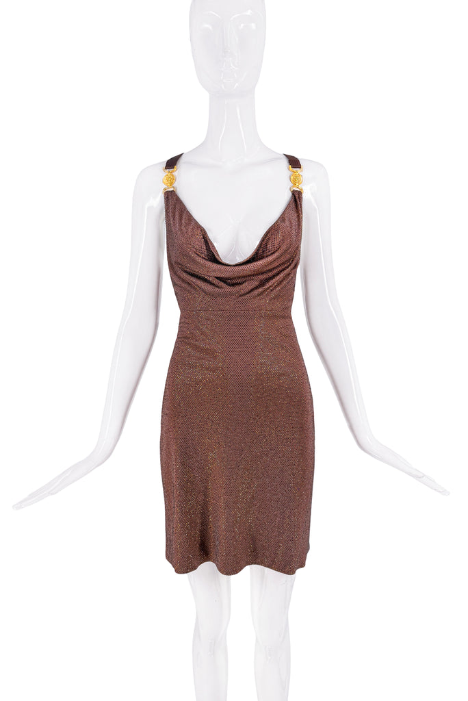 Versace Brown Crystal Gold Logo Strap Cross Open Back Dress