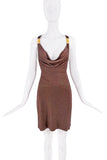 Versace Brown Crystal Gold Logo Strap Cross Open Back Dress
