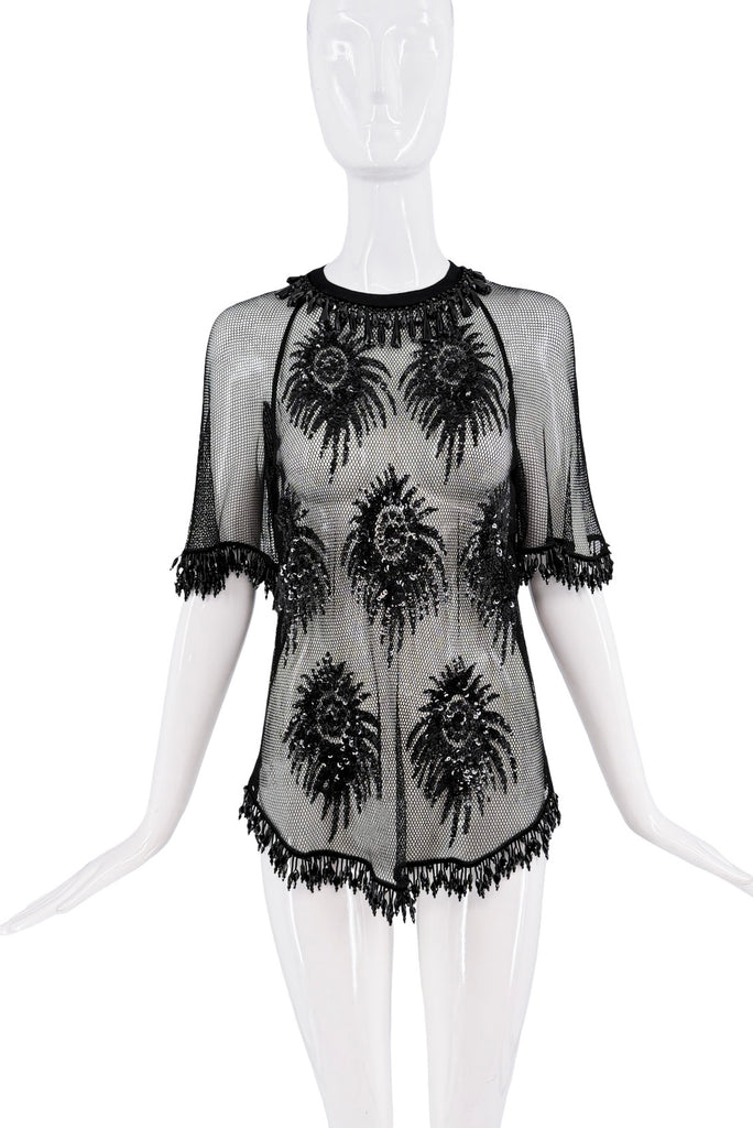 Saint Laurent Black Mesh Beaded Sequin Pattern Fringe Top