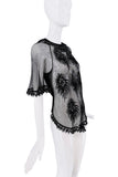 Saint Laurent Black Mesh Beaded Sequin Pattern Fringe Top