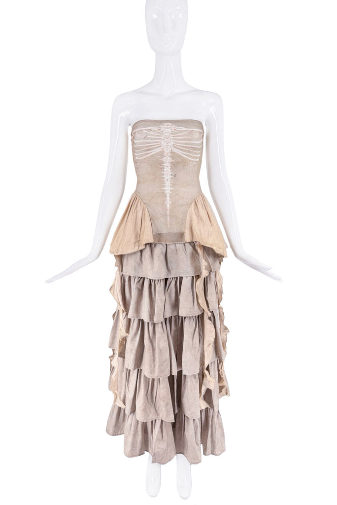 Koala Momo Tan Beige Dragonfly Print Ruffle Strapless Dress Set