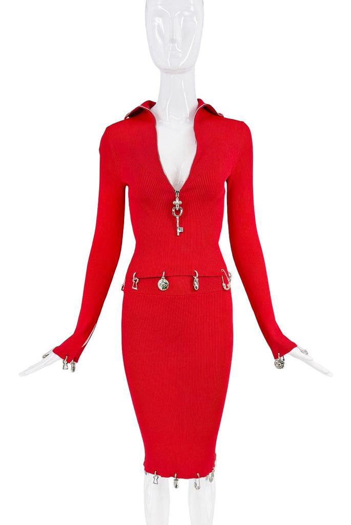 Schiaparelli Red Silver Charm Ribbed Collar Bodycon Top Skirt Set