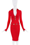 Schiaparelli Red Silver Charm Ribbed Collar Bodycon Top Skirt Set