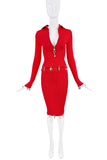 Schiaparelli Red Silver Charm Ribbed Collar Bodycon Top Skirt Set