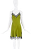 Burberry Green Silk Satin Black Lace Slit Slip Dress
