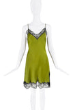 Burberry Green Silk Satin Black Lace Slit Slip Dress