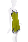 Burberry Green Silk Satin Black Lace Slit Slip Dress