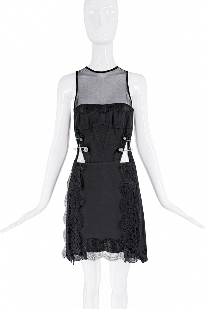 Versace Black Mesh Lace Embellished Cut Out Logo Pins Mini Dress