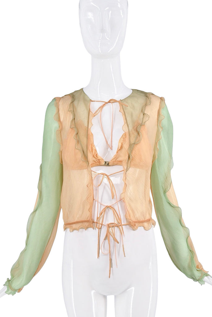 Fendi Orange Green Sheer Ruffle Tie Blouse & Bra Set