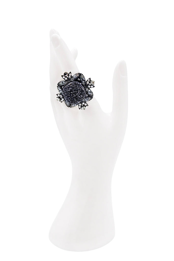 Saint Laurent Black Blue Knit Crystal Leaf Embellished Statement Ring
