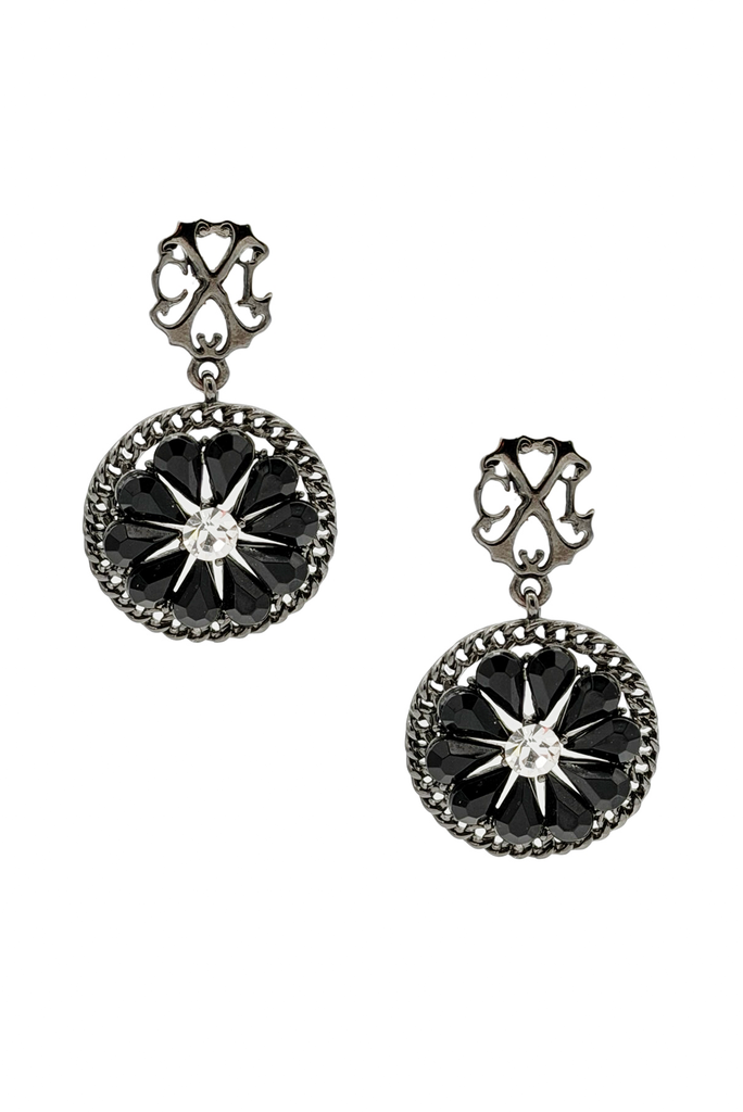 Christian Lacroix Black Rhinestone Crystal Flower Logo Earrings