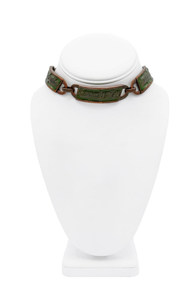 Jean Paul Gaultier Bronze Green Enamel Logo Plate Link Chain Choker Necklace
