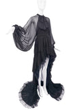 Saint Laurent Black Silk Chiffon Bow Blouse and Lace Ruffle Maxi Skirt Gown Dress Spring 2013