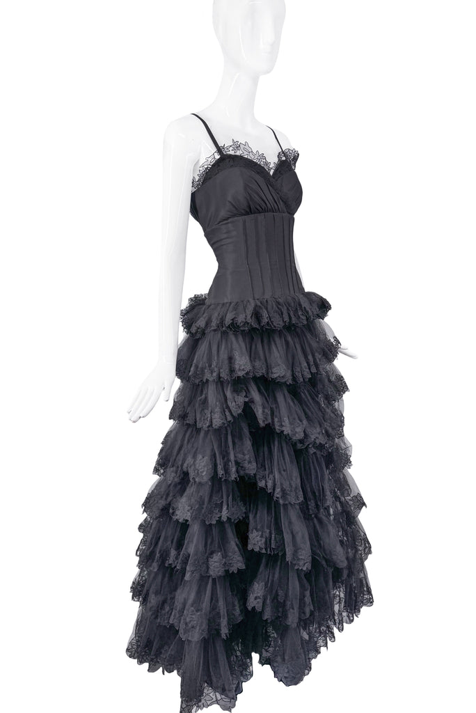 Oscar de la Renta Black Corset Floral Ruffle Lace Layer Gown