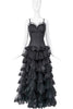 Oscar de la Renta Black Corset Floral Ruffle Lace Layer Gown