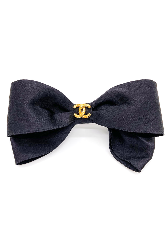 Chanel "Heathers" Satin & Chiffon Hair Bow with Gold CC Logo