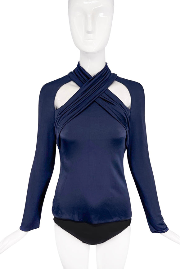 Cushnie Midnight Blue Silk Jersey Criss Cross Long Sleeve Top
