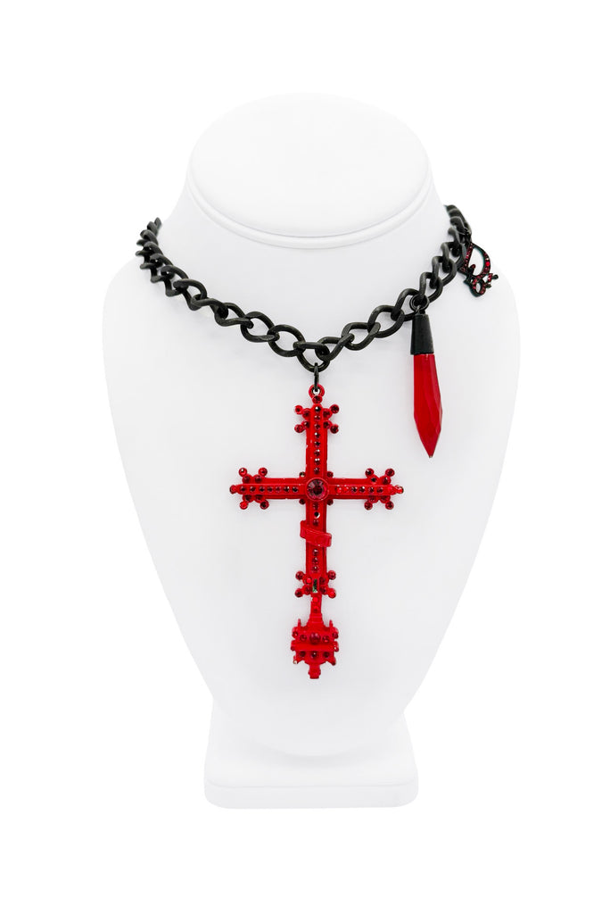 Christian Dior Black Red Logo Spike Charm Gemstone Embellished Cross Necklace