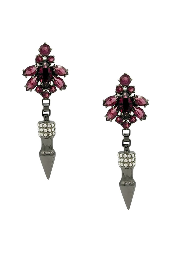 Mawi Blackened Silver Pavé Crystal Purple Gemstone Cone Stud Drop Earrings