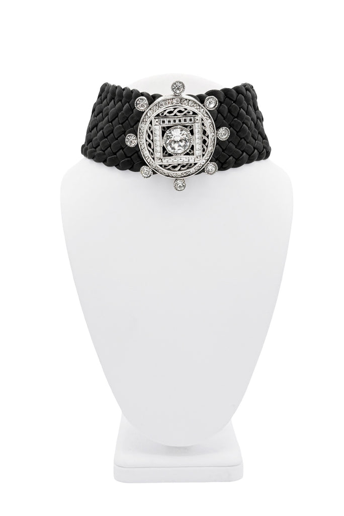 Christian Dior x Galliano Black Silver Leather Lattice Crystal Pendant Choker Necklace
