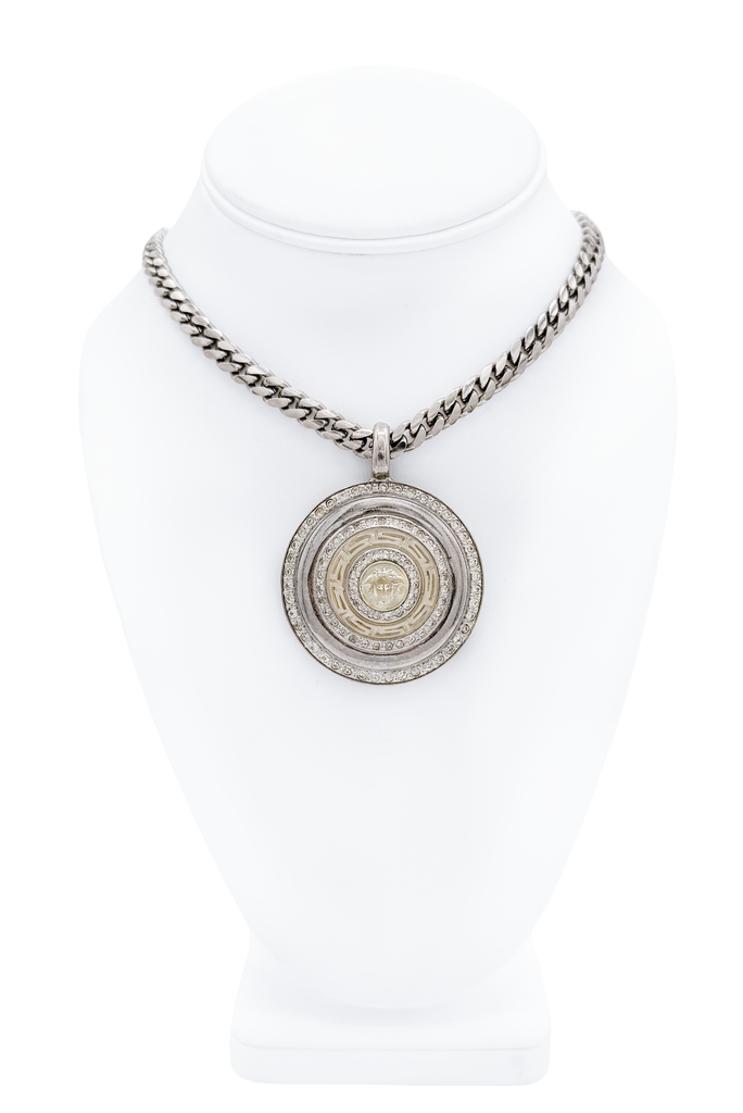 Versace Silver Crystal Medusa Logo Medallion Chain Necklace