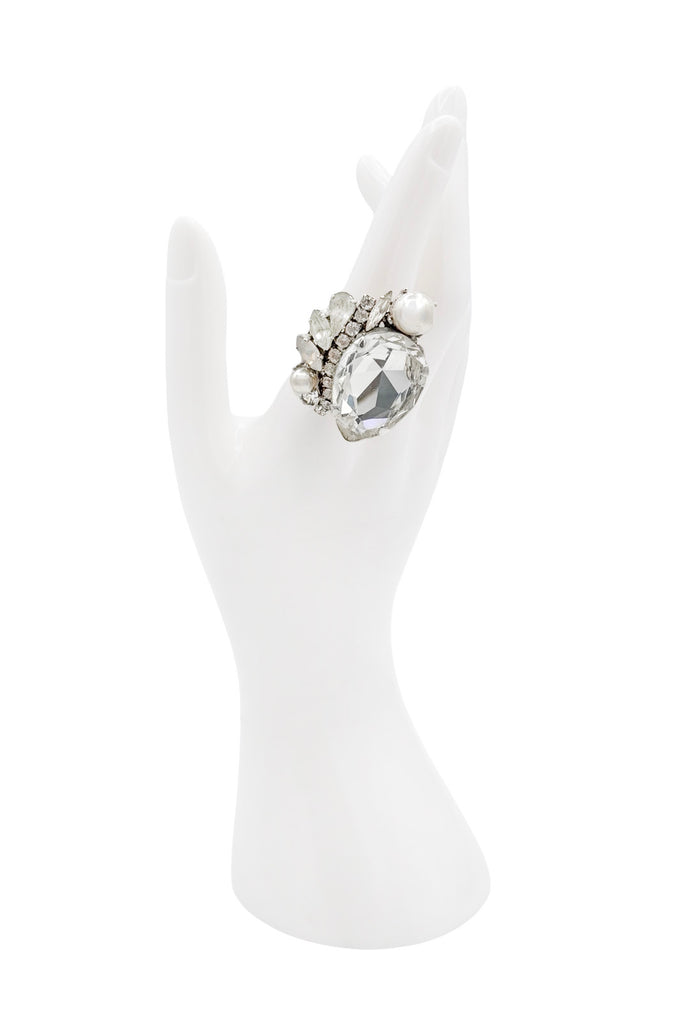 Erickson Beamon Silver Crystal Rhinestone Pearl Cluster Cocktail Ring