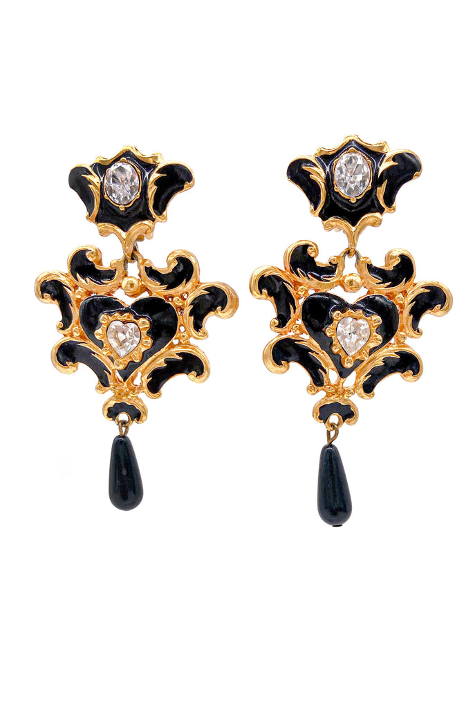 Christian Lacroix Gold Baroque Black Enamel and Diamond Earrings Eté 1994