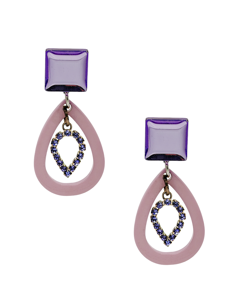 Francine Bramli Paris Purple Square Lucite Pavé Rhinestone Drop Earrings