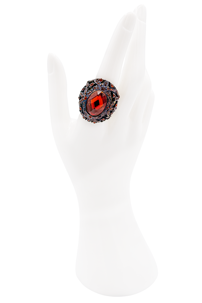 Vintage Blackened Silver Orange Gemstone Embellished Cocktail Ring