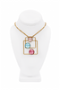 Vintage Gold Pink Blue Gemstone Geometric Square Pendant Chain Link Necklace