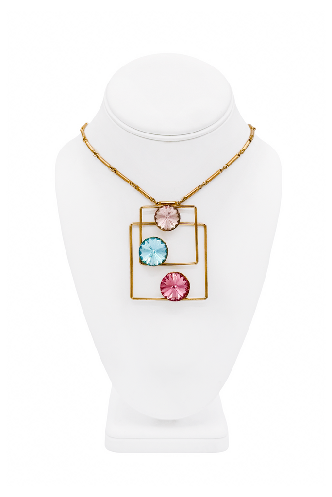 Vintage Gold Pink Blue Gemstone Geometric Square Pendant Chain Link Necklace