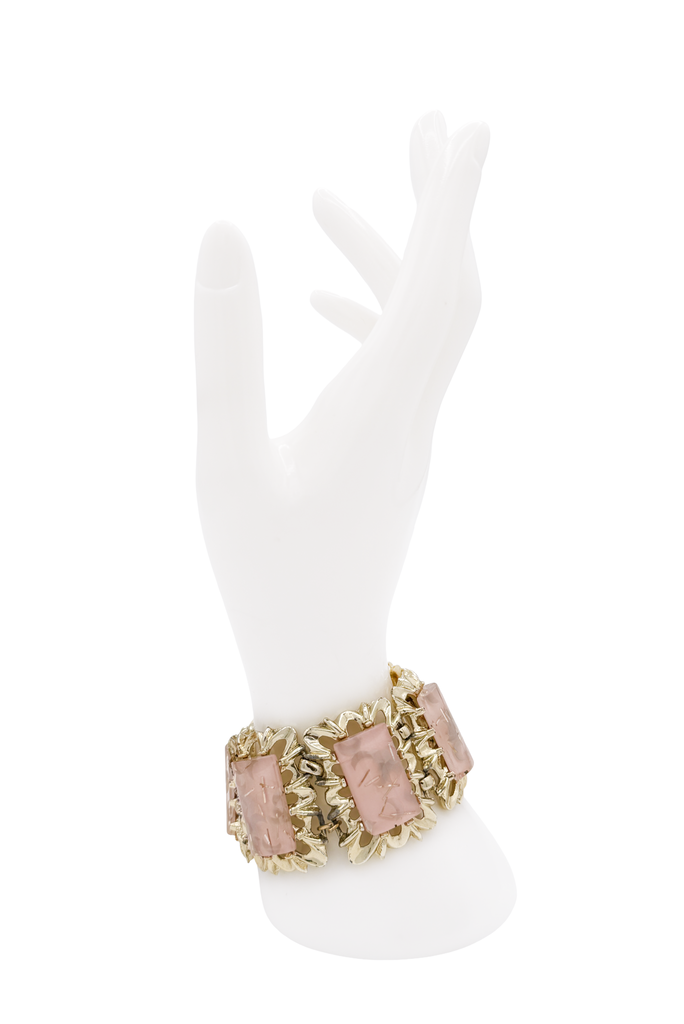 Vintage Gold Frame Pink Lucite Gemstone Link Bracelet