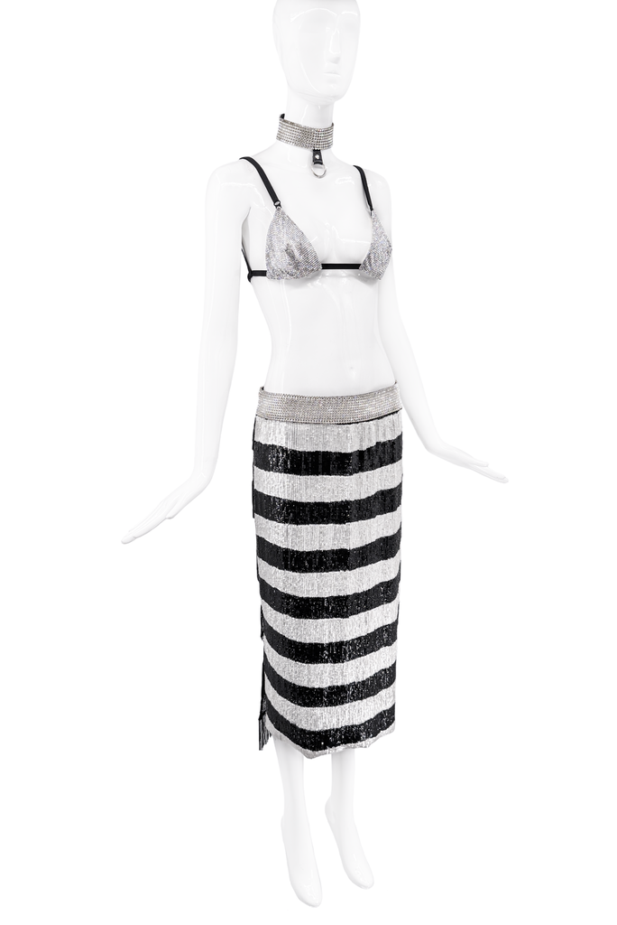 Dolce & Gabbana Black and White Crystal Lace Fringe Midi Skirt