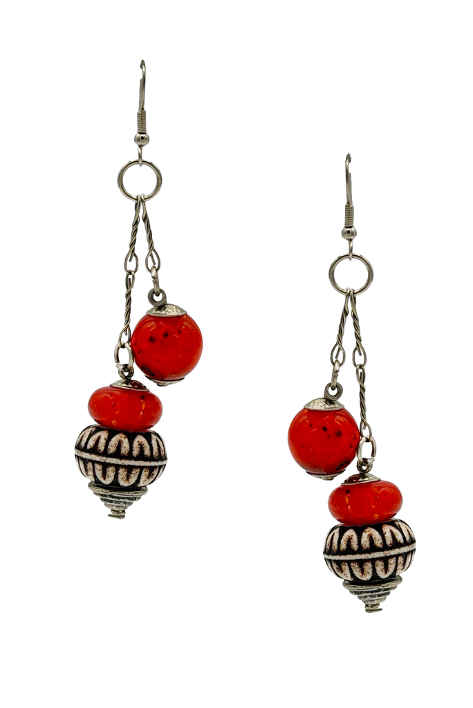 Vintage Silver Red Semi Precious Stone Beads Embellished Charm Drop Earrings