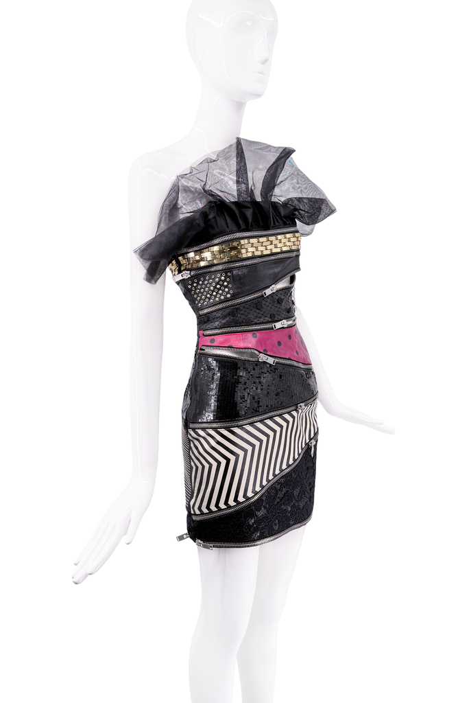 Saint Laurent Black Patchwork Tulle Zipper Strapless Mini Dress Runway FW2015