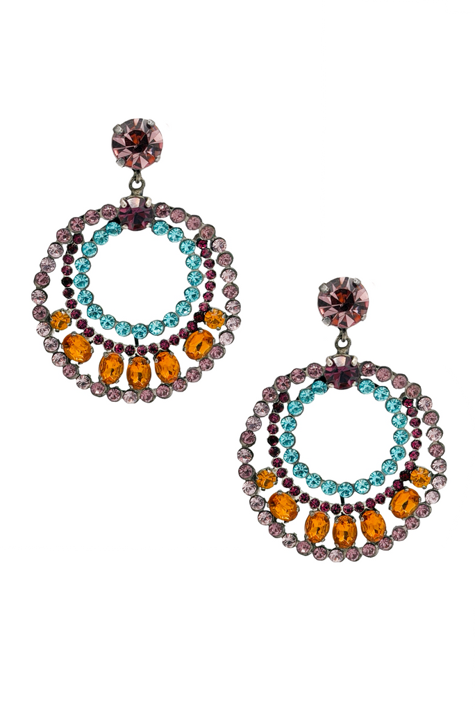 Vintage Silver Purple Pink Blue Orange Gemstone Hoop Earrings