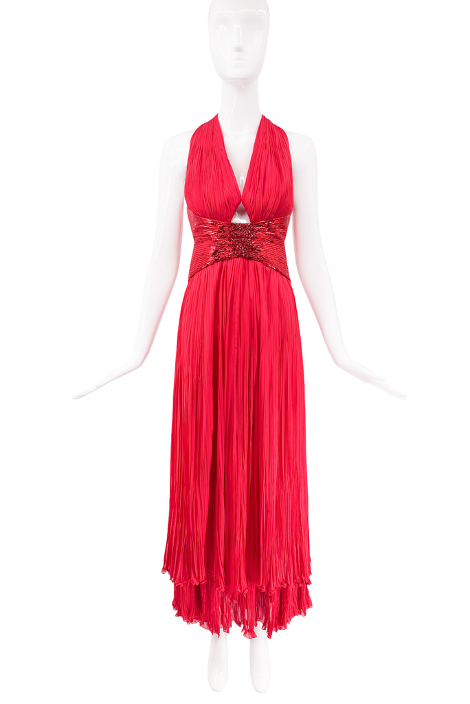 Roberto Cavalli Red Silk Sequin Corset Waist Cut Out Halter Neck Dress Gown