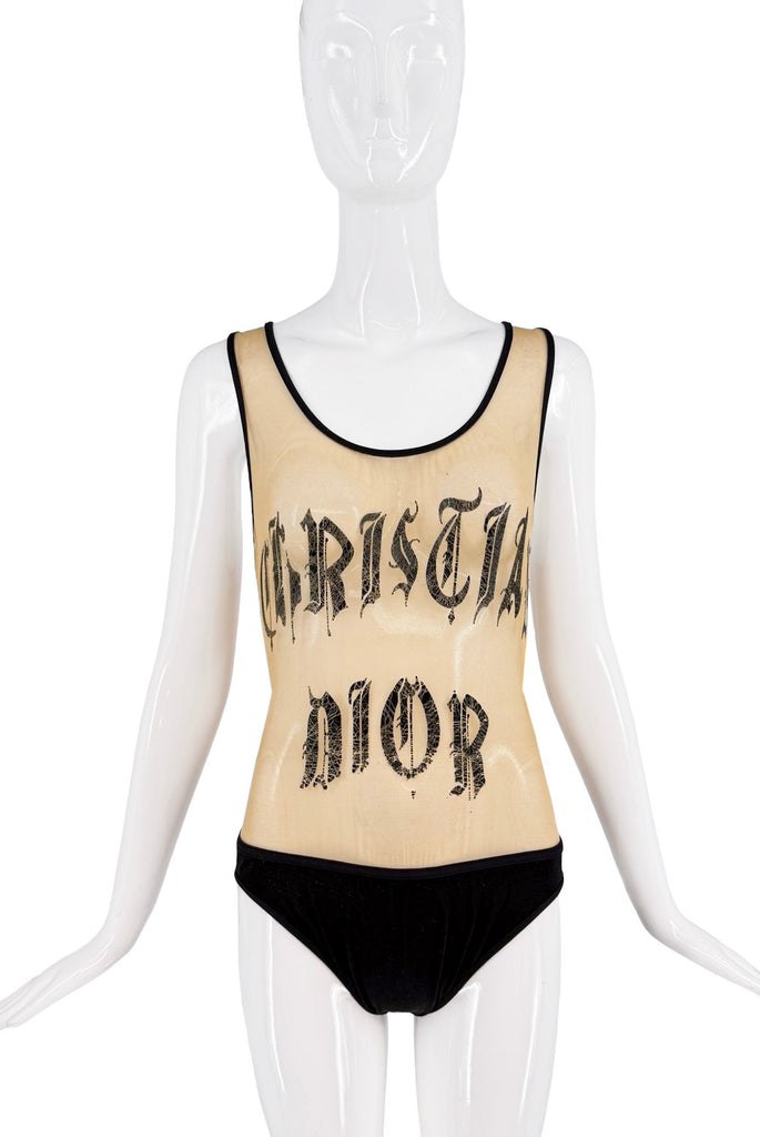 Christian Dior Tan Beige Black Sheer Logo Bodysuit
