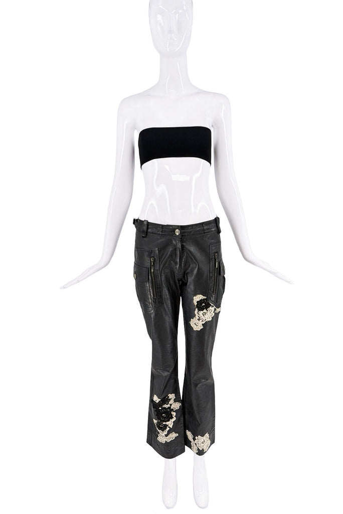 John Galliano Black Leather Floral Lace Embroidered Pants